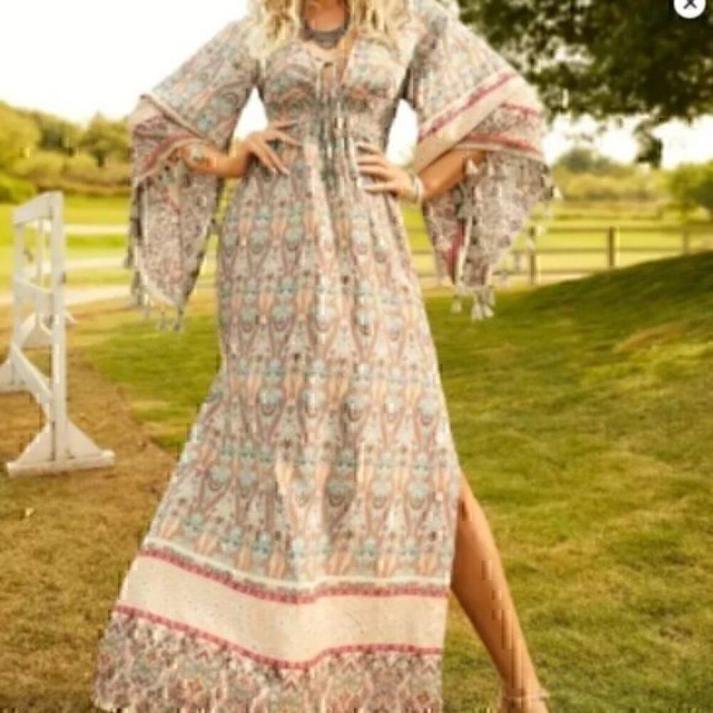 Bohemian Floral Print Woven Bell Sleeve Flounce Peasant Maxi Hippie Dress L - Picture 2 of 12